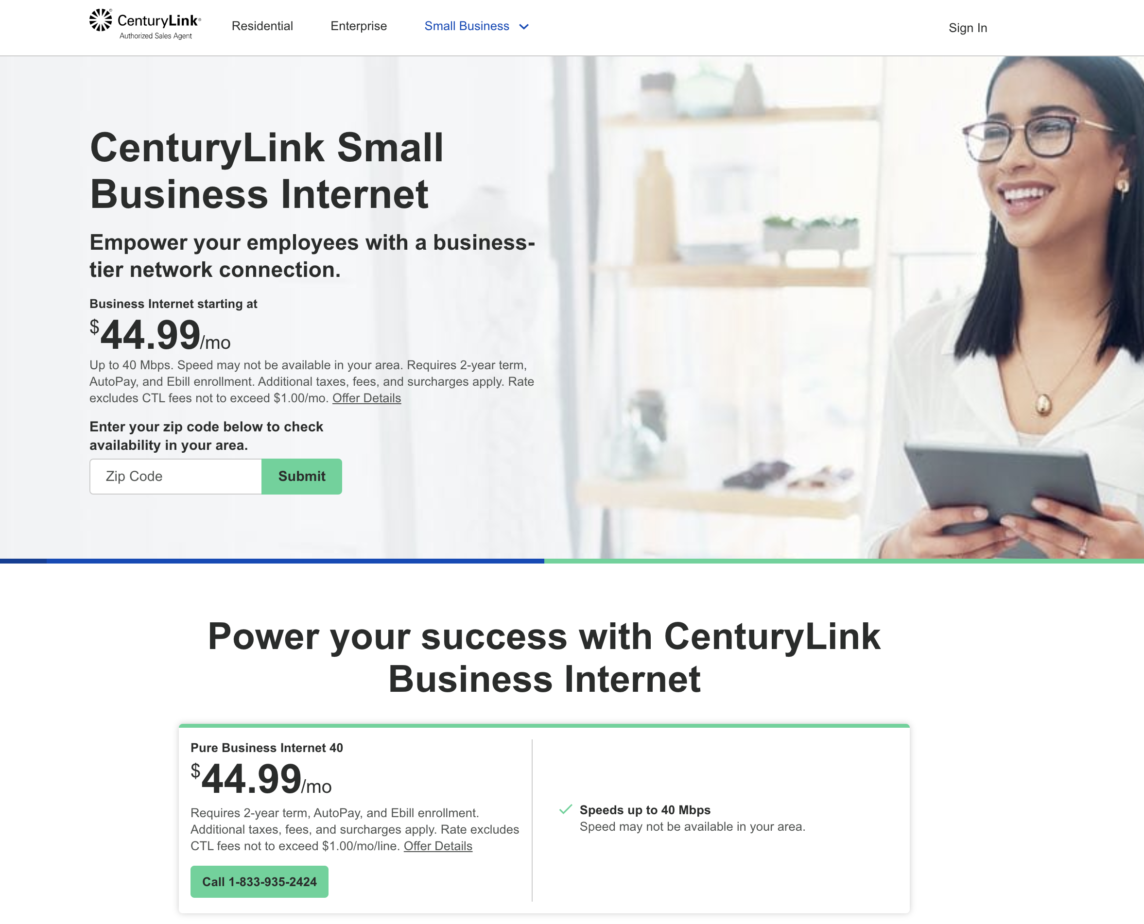 Screenshot of CenturyLink Small Business Site